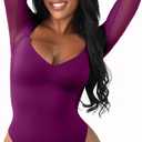 FeelinGirl Long Sleeve Bodysuit for Women Sexy Mesh V Neck Body Suits Thong Corset Top Going Out Outfits for Party (Medium, Purple)