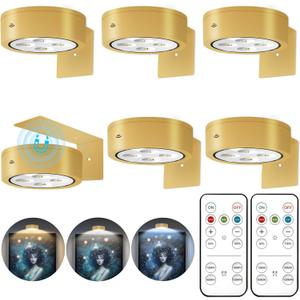 6Pcs Battery Operated Picture Light, Magnetic Led Painting Light with Remote Dimmable and Timer, 3 Lighting Modes Art Display Light for Picture Frame Paintings, Wireless Wall Decor Puck Lights, Gold