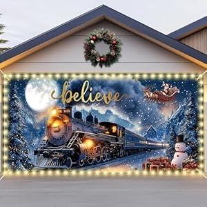 7x16ft Christmas Garage Door Banner with LED String Lights Polar Believe Train Garage Door Covers Large Pole Express Lighted Backdrop Decorations for Xmas Eve Holiday Indoor Outdoor Wall Decor(Train)