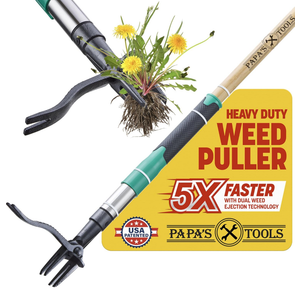 Papa's Tools Weed Puller Tool, 44" Stand Up Weeder Garden Tools & 4 Claw Steel Head, Dual Weed Eject Tech. Made With Real Bamboo & Long Wooden Handle, Yard Weeding Remover For Gardening Men & Women