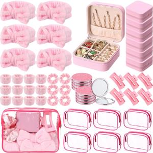 Spa Party Favors Sleepover Party Supplies Bow Headband Wristband Scrunchies Hair Clip Jewelry Case Makeup Bag Mirror for Women Bridesmaid Gifts Graduation Gift(Pink,96 Pcs)