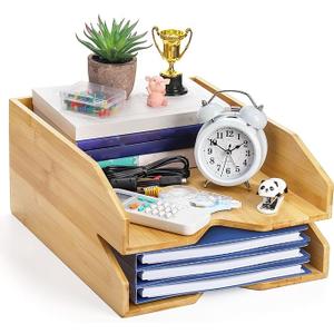 Pumtus 2 Tiers Paper Tray, 14 x 11 in Bamboo Letter Tray, Office Desk File Holder, Large Mail Document Organizer, Study Workstation Storage Rack for A4 Paper, Magazine, Envelopes, Office Supplies