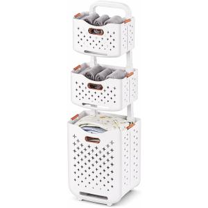 Collapsible Laundry Basket Organizer, 3-Tier Foldable Laundry Sorter with Wheels & Wall Mount, Space-Saving Slim Laundry Hamper with Removable Bins,100L Capacity for Bathroom, Dorm & Small Spaces