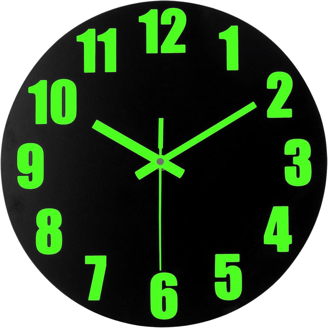 Luminous Wall Clock, 16'' Wooden Wall Clocks with Silent Movement and Glowing up Function, No Glass Village Wall Clock Decorative Bedroom, Kitchen, Office, Battery Operated (Black)
