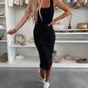 CHICME Womens 2 Piece Casual Outfit Square Neckline Sleeveless Bodycon Midi Dress with Back Slit and Bomber Jacket Set (Black, Large)