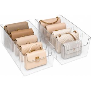 Expandable Acrylic Purse Organizer for Closet 2 Pack, 4 Sections Adjustable Clear Handbag Storage Bag Organizer Holder with Removable Dividers for Shelf, Handbags, Clutch, Wallet