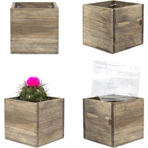 CYS EXCEL Cube Planter Box with Removable Plastic Liner (4"x4"x4")(4 PCS) | Multiple Size Choices Wood Square Planter | Indoor Decorative Window Box