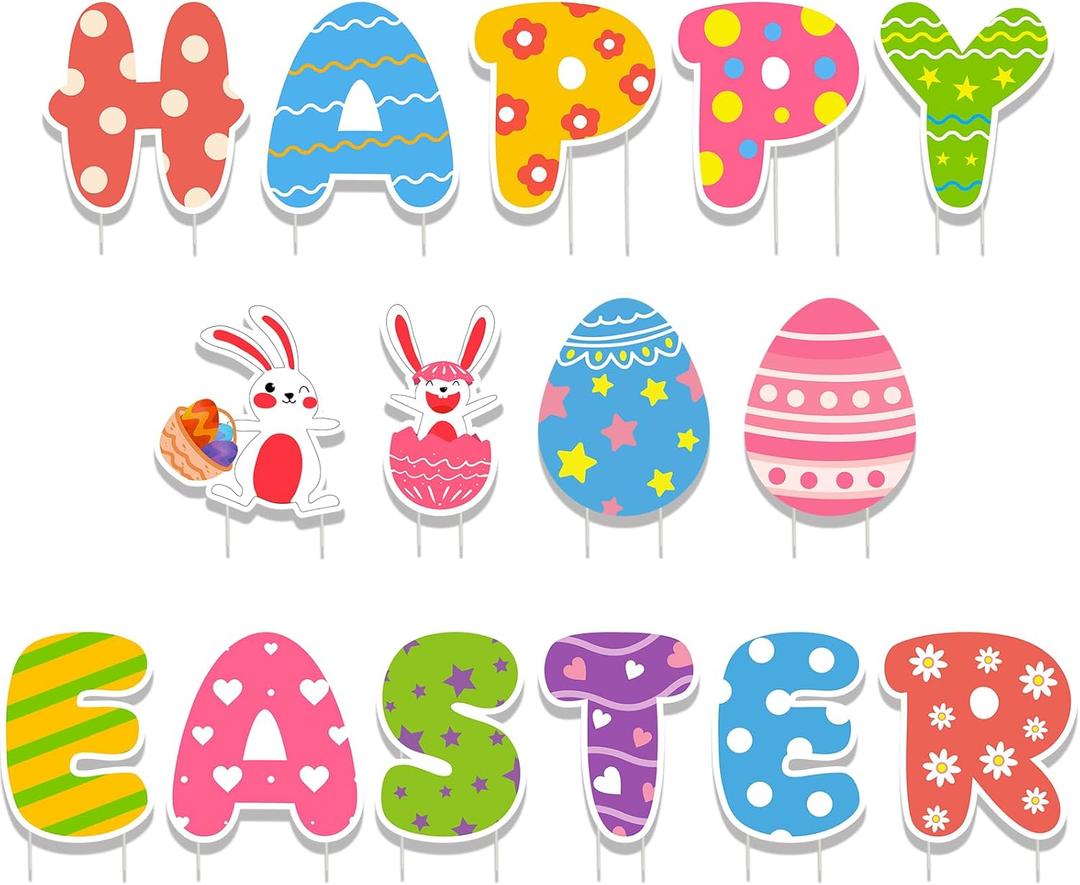WorldBazaar 15 Pcs Happy Easter Signs With Stakes Easter Decorations Outdoor Waterproof Yard Decor For Garden Wall Tree Pathway Walkway
