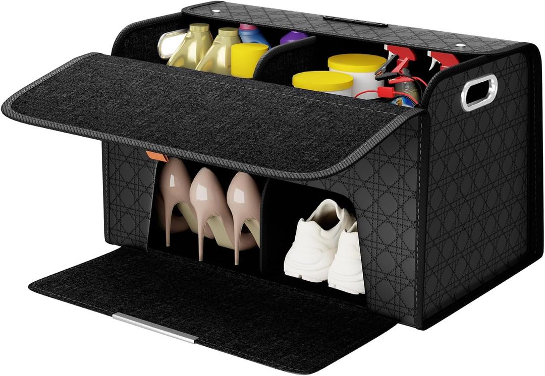 XDV Double-layer Trunk Organizers, Double door Car Storage Solutions and High heel shoes Storage Organizers for SUVs, Sedans, Back Seats and Luxury Vehicles with Lid, Leather, Small, Large (Black, L)