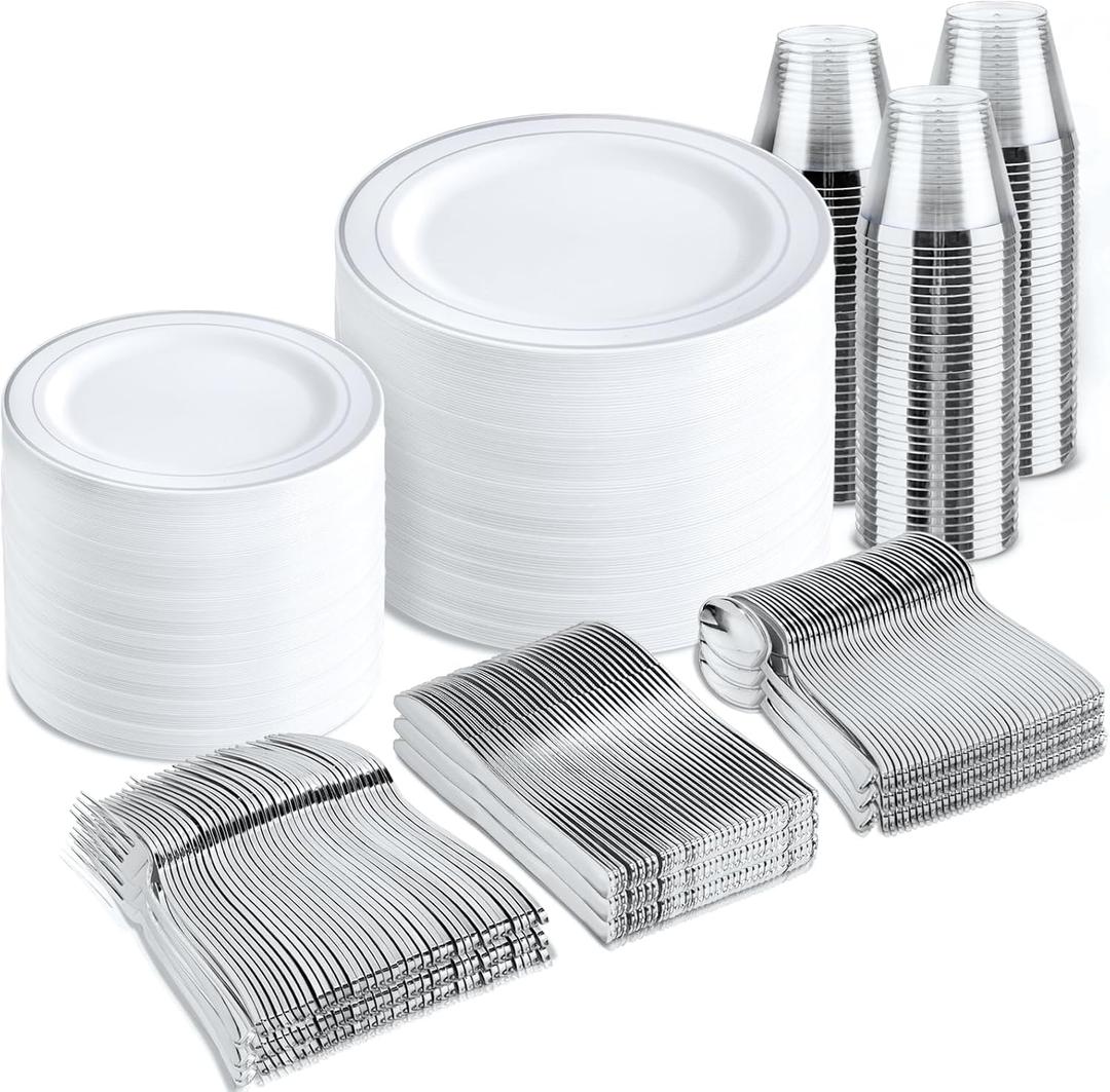 bUCLA 600pcs Silver Plastic Dinnerware Set for 100 Guests - Silver Christmas Dinnerware Set Disposable for Party - Include 100 Dinner Plates,100 Dessert Plates,100Cups,100 Knives,100 Forks,100 Spoons