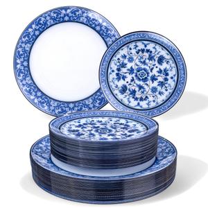Hioasis 60pcs Blue Plastic Plates Set - Floral Blue & White Porcelain Design, 10.25" Dinner & 7.5" Dessert Plates Disposable for Wedding/Party (Dishwasher Safe, Art Style)