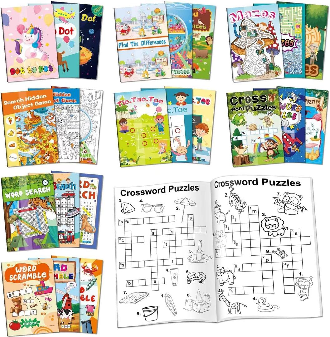 24 Mini Activity Books for Kids Party Favors ages 4-8 8-12, Fun and Challenges include Mazes, Dot to Dot, Word Search, Word Scramble and More for Goodie Bag Stuffer Classroom Activity