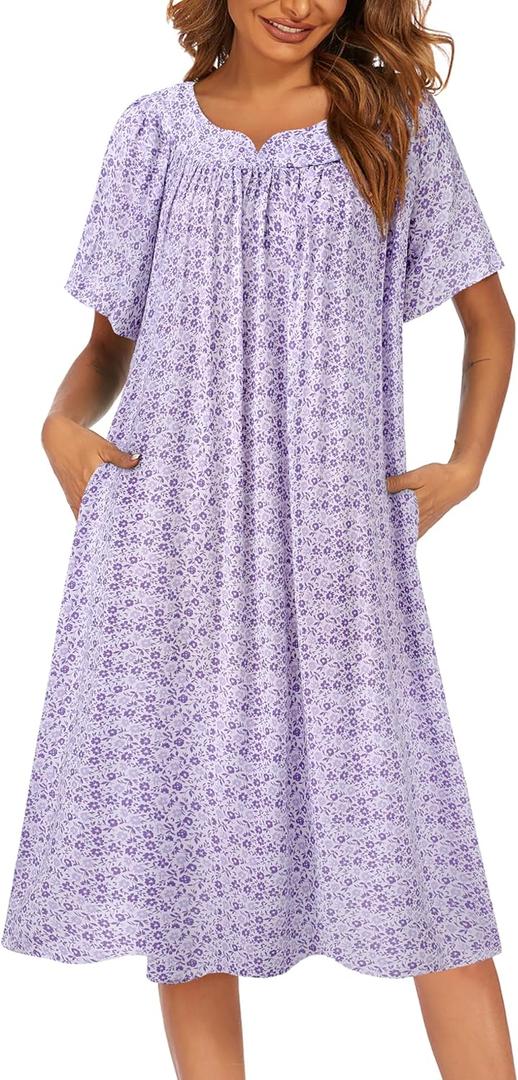 Ekouaer Womens Nightgown Short Sleeve House Dress with Pockets-Floral Print Mumu Dress (Medium, Garden Purple)