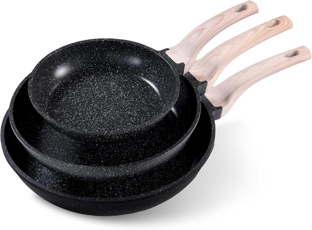 CAROTE Non Stick Frying Pan Skillet Set, Omelet Pan, Healthy Non Toxic Granite Chef Pan, Induction Compatible Egg Frying Pan with Heat-Resistant Handle, PFOA-Free,Black, 8"+10"+12"