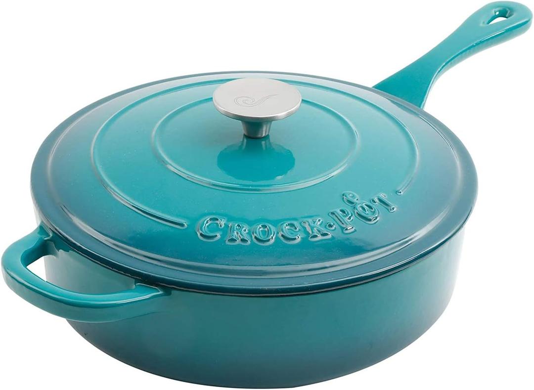 Crock Pot Artisan 3.5 Quart Enameled Cast Iron Deep Saut Pan, Teal Ombre