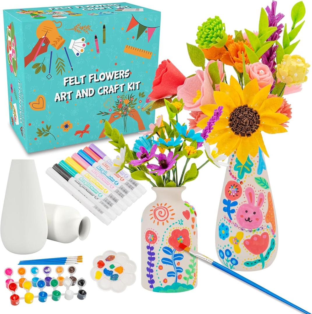 FTBox Crafts Kit for Girls Ages 6-12, Felt Flowers Bouquet and Paint Vase Art Craft Project for Girls, DIY Activity Christmas Birthday Gift for Kids Age 8 9 10 11 12 Year Old (Ceramic Vases)