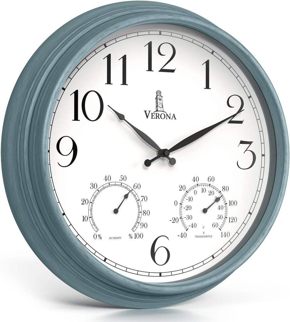 18 inch Outdoor Clocks for Patio Large Waterproof with Thermometer - Teal Blue Outdoor Clock with Temperature and Humidity for Wall - Weatherproof, Accurate & Easy to Read for Pool, Patio & Garden