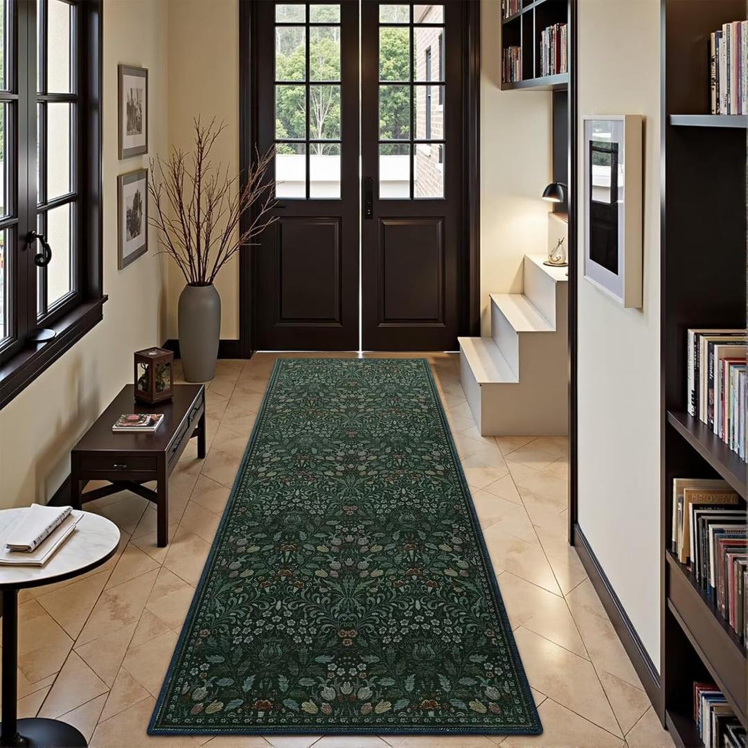 Vasofe Runner Rug for Bedroom, 2x6 Runners, Washable Rugs for Kitchen, Hallway, Floral Indoor Mat for Bathroom, Laundry Room, Non Slip Low Pile Soft Carpet for Entryway Home Decor, Green