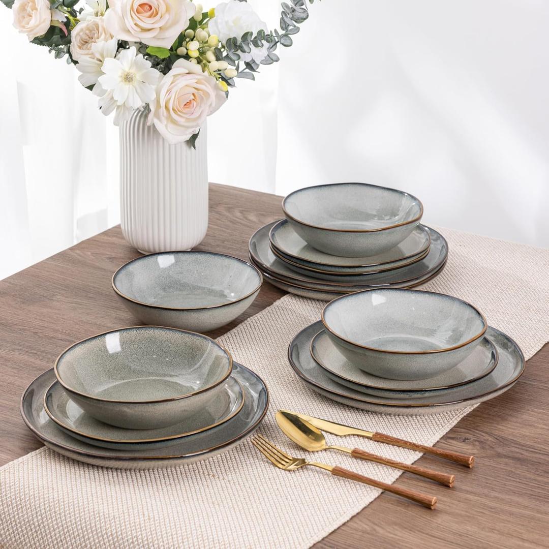 AmorArc Ceramic Dinnerware Sets,Handmade Reactive Glaze Stoneware Plates and Bowls Set,Highly Chip and Crack Resistant | Dishwasher & Microwave Safe Dishes Set,Service for 8 (24pc) (Green Wheat)