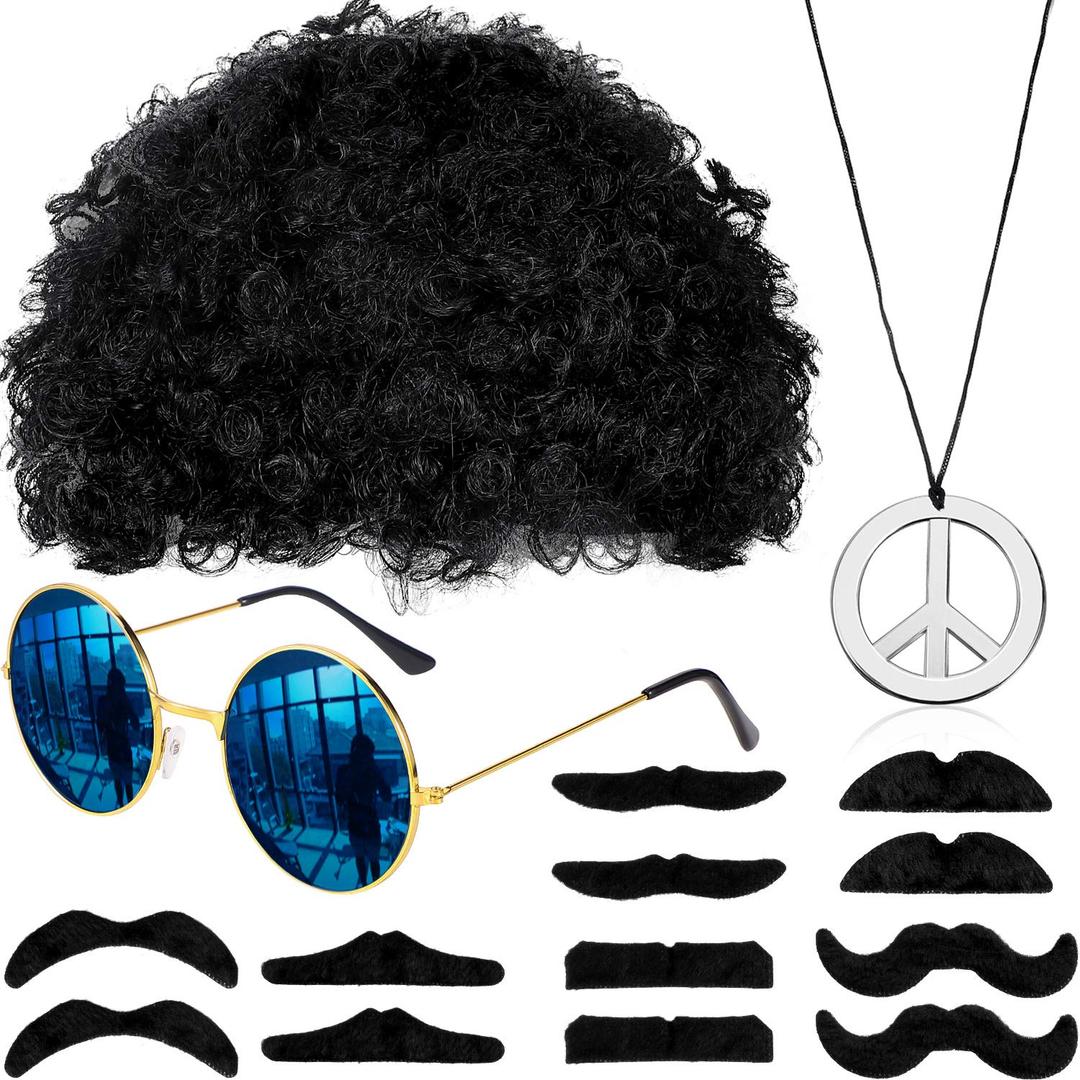 WILLBOND Hippie Afro Wig Disco Accessories Costume Set Sunglasses Peace Sign Necklace Moustache for 50/60/70s Retro Theme Party (Black)