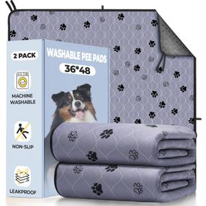 Fostanfly Washable Pee Pads for Dogs, 2 Pack 36"x48" Superior Reusable Puppy Pads, Waterproof Mat Protects Against Urine Leakage, Non-Slip Grip Prevents Slipping and Bunching for Dog, Puppy (Gray)