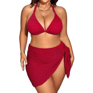 MakeMeChic Women's Plus Size 3 Piece Bikini Sets Tie Backless Halter Triangle Swimsuit Bathing Suit Cover Up Beach Skirts (XX-Large Plus, Red)