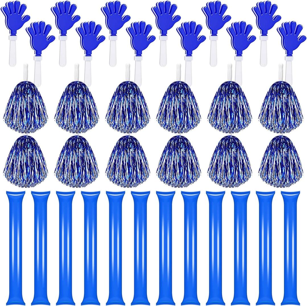 Sosation 36 Pcs Team Spirit Accessories, Cheerleading Pom Poms Hand Clappers Party Favors and Thunder Sticks Noise Makers for Sporting Events Football Baseball Cheering Essentials (Blue Silver)