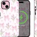 Compatible for iPhone 13 Case Pink Bows Florals Wildflowers Aethetic Design [Compatible with Magasfe] Shockproof Soft TPU and Hard Shell Protection Cute Phone Case for iPhone 13