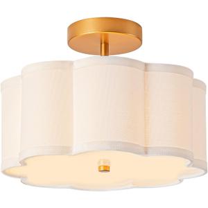 Bargeni Semi Flush Mount Ceiling Light,13 inch Modern Ceiling Light Fixture with Flower-Shaped White Fabric Shade,Gold Light Fixtures Ceiling Mount for Bedroom,Kitchen,Living Room,Hallway,and Entryway