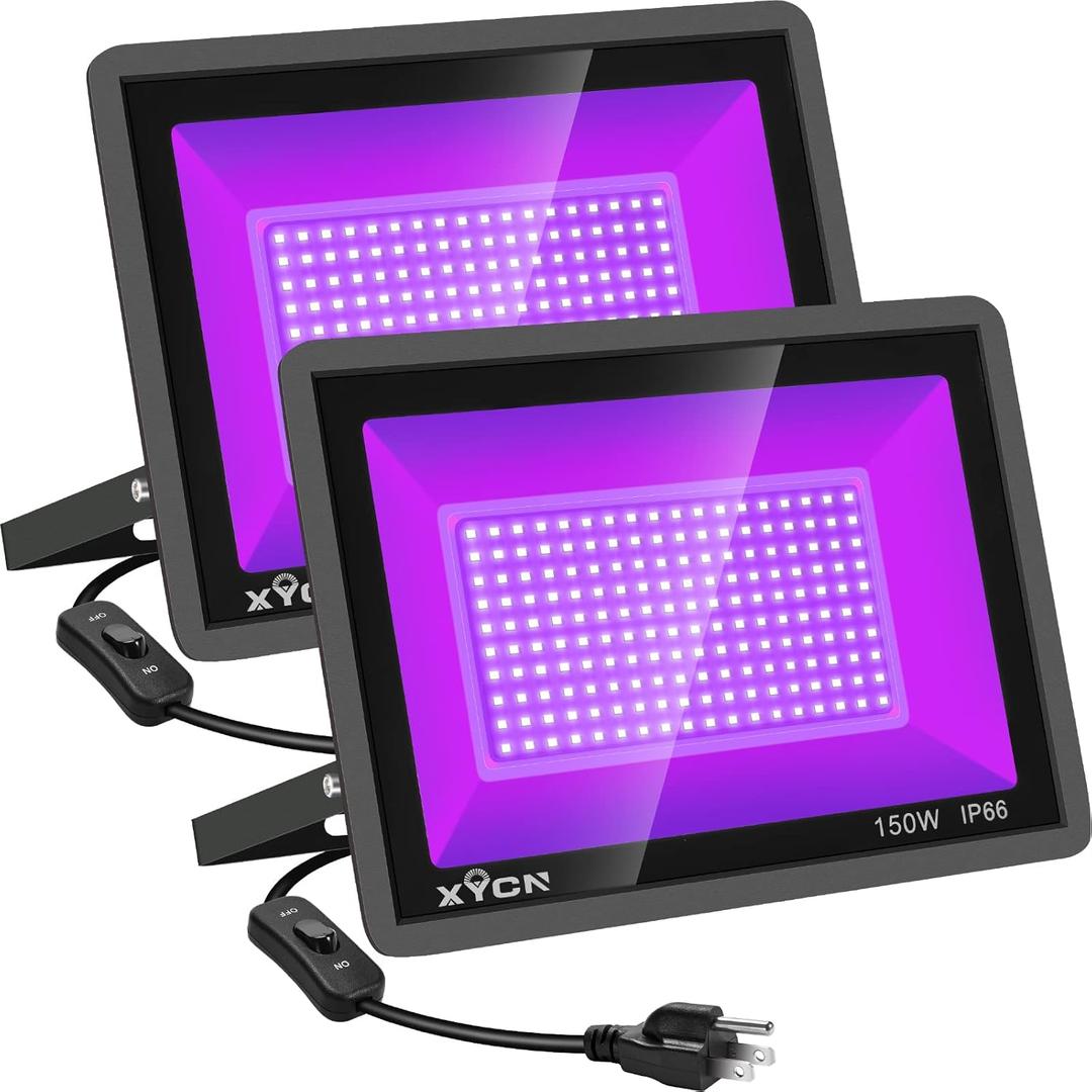 XYCN 2 Pack 150W Black Light Flood Light, Blacklight with Plug, IP66 Waterproof for Glow Party, Halloween, Neon Glow, Aquarium,Fluorescent Poster,Body Paint,Glow in The Dark
