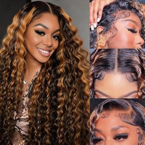 28 Inch 200 Density 1B/30 Highlight Ombre Deep Wave Lace Front Wigs Human Hair Wear and Go Glueless Wigs Human Hair Pre Plucked 13x4x1 T part Synthetic Blend Wig Highlight Ombre Curly Human Hair Wig