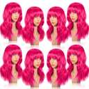 Crowye 8 Pcs 12 Colorful Party Wigs Shoulder Length Wigs for Women Wavy Bob with Air Bangs Curly Short Synthetic Colorful Costume for Cosplay Bachelorette Party(Hot Pink)