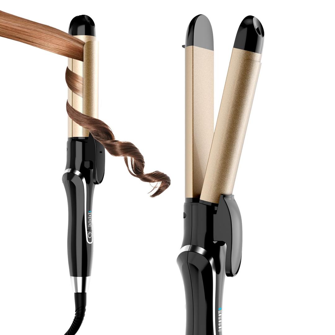 Curling Iron, 2 in 1 Hair Straightener and Curler, 1.25 Inch Ceramic Curling Wand with Adjustable Temperature, Dual Voltage for All Hair Types, Anti-Tangle for Long-Lasting Curls or Straight