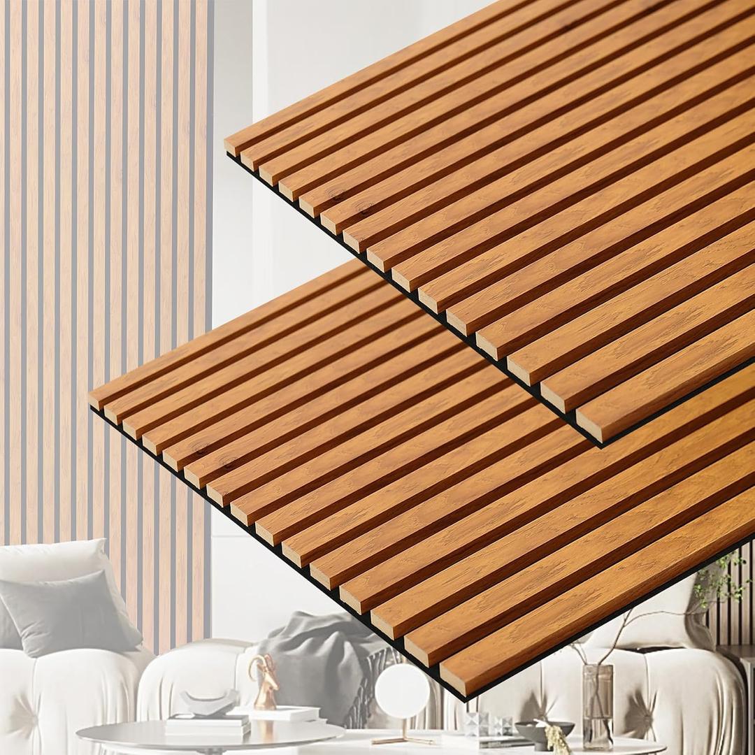 3D Slat Acoustic Wall Panels with Wood Finish Accent, 2 Pack Sound Absorbing Paneling for Studio, Office, Living Room, Bedroom Interior Decor (Natural Walnut, 48''L x 24''W)