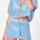 Sovoyontee Women's 2 Piece Swimsuit Coverup Crochet Hollow Out Bathing Suit Swim Beach Cover Up Crop Top Skirt Sets (Beige, L)