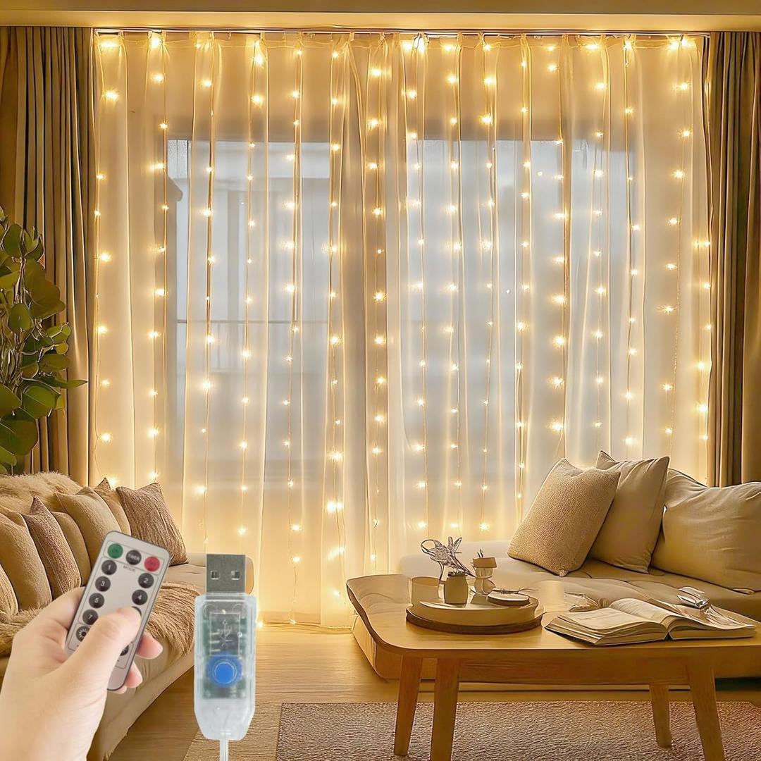 Fairy Curtain Lights, 200 LED Upgraded Tangle-Free Hanging Lights with Remote, USB Plug in String Lights for Bedroom Wall Window Wedding Party Xmas Home Dcor - 9.8 x 6.6 Ft, Warm White