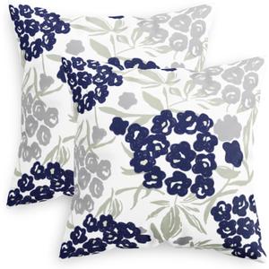 CaliTime Throw Pillow Cases Pack of 2 Cozy Fleece Three-Tone Cute Flower Floral Leaves Decorative Cushion Covers for Couch Bed Sofa Farmhouse Decoration 18 X 18 Inches Navy Blue Sage Grey