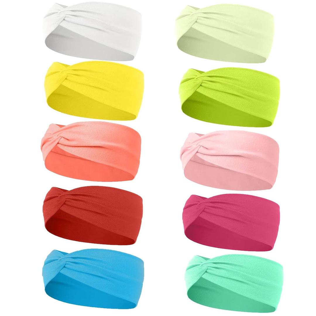 10 Pcs Wide Absorbent Sport Headbands for Women, Non-slip, Stretchy, Soft Cotton Twist Knotted Hair Bands for Daily Workout Yoga Running Sports, AA (3.9*8.6in, Mixed color 1)
