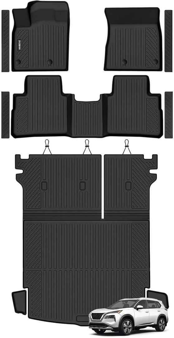 Naibeve Floor Mats for Nissan Rogue 2021-2026 2026.5- All Weather Custom Fit for Nissan Rogue Floor Mats Cargo Mat with Backrest Mats Door Sill Guards Accessories(Not for Rogue Select or Sport Models)