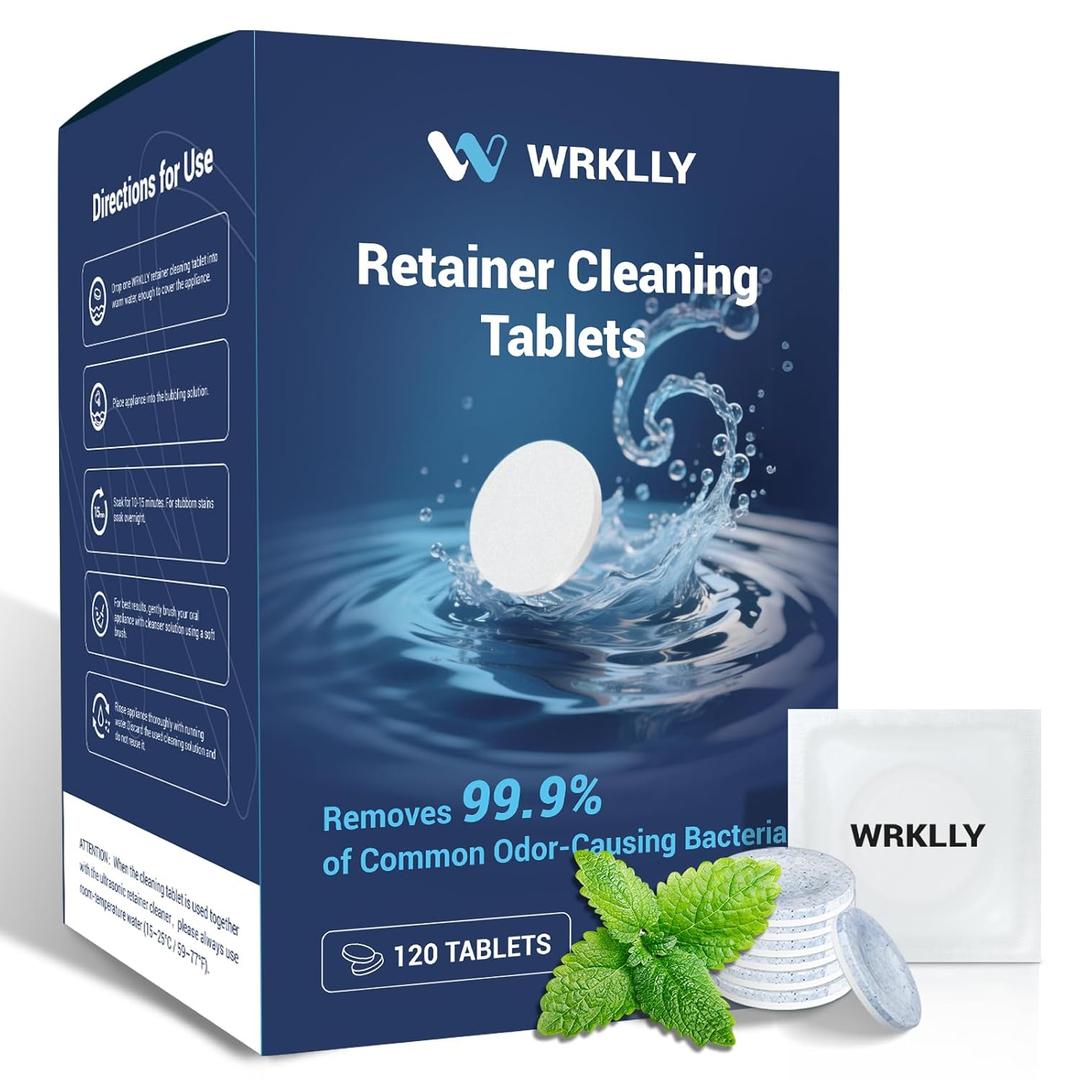 Retainer Cleaner Tablets (120 pcs), Denture Cleaning Tablets for Invisalign, Night Mouth Guard for Aligners, Remove Odors Stains and Plaque, Quick Cleanser, Mint Fresh Flavor, 4 Month Supply (Blue)