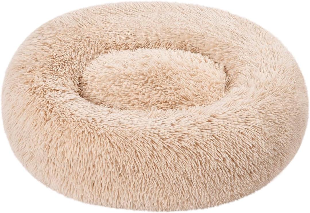 Amazon Basics Washable Donut Pet Bolster Faux Fur Bed with Removable Cover, Anti-Slip Bottom for Dog, Beige, 23" x 23"