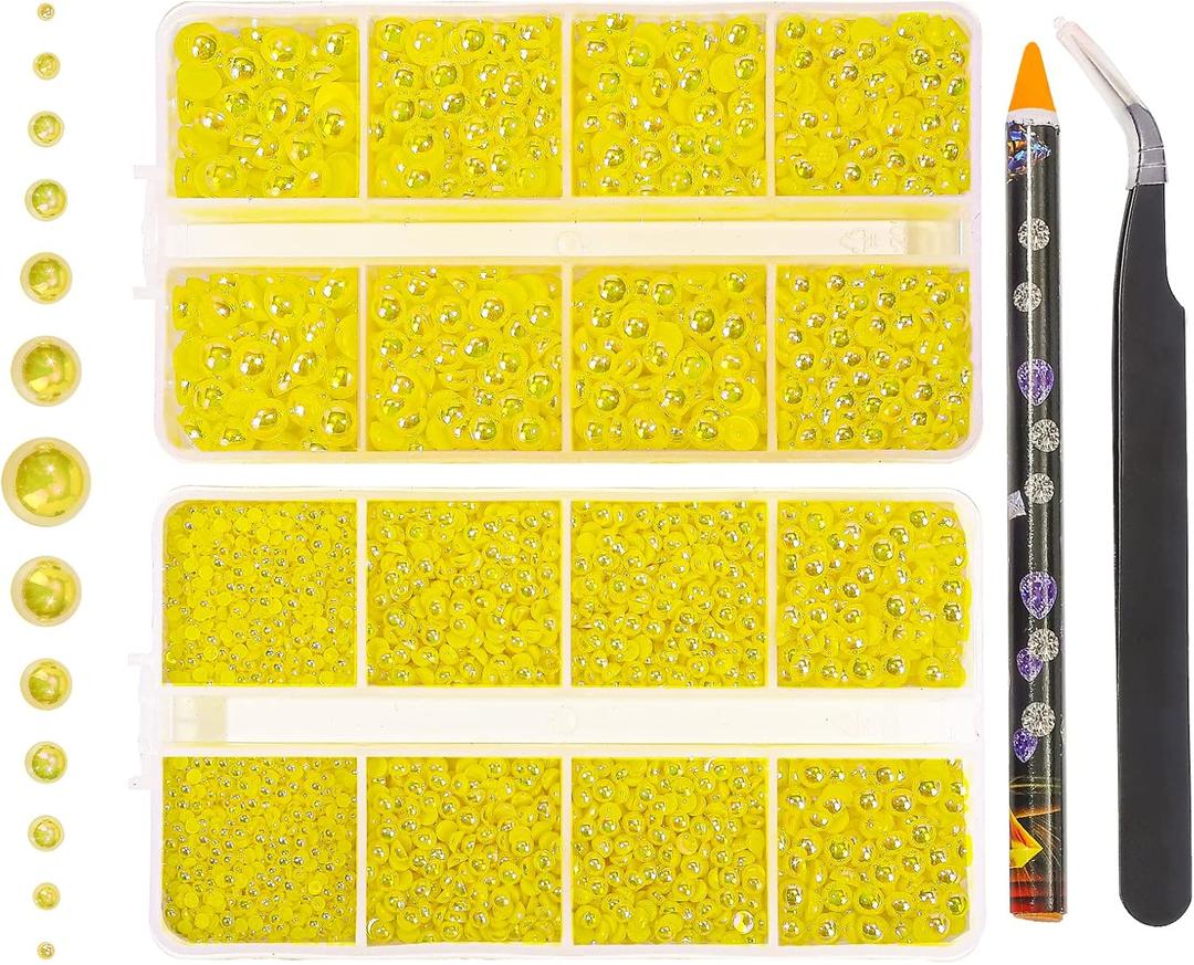 6540PCS Lemon Yellow AB Resin Flat Back Pearls Rhinestones,Mixed Size 2/3/4/5/6/8/10mm Half Round Pearl Beads Nail Gems Rhinestone with Tweezers and Picker Pencil for Crafts Nail DIY Decoration