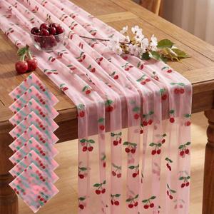 8 Pcs 29 X 70 Inch Cherry Shiny Glitter Tulle Table Runner Pink Sheer Lace Tablecloth for Party Decorations Shortcake Birthday Wedding Bridal Shower Party Home Kitchen Table Decor