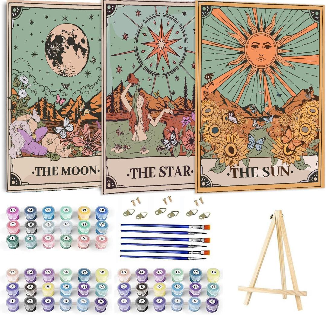 WUDWL Paint by Numbers Kit for Adults Framed Canvas, 3 Pack with Wooden Easel,Paint by Numbers for Kids Ages 8-12, Sun and Moon DIY Acrylic Landscape Oil Painting Arts Crafts, 9.45x11.8inch