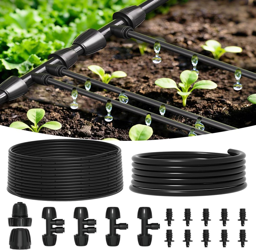 MIXC 1/4" Irrigation Dripline Tubing Kit (100 Ft Roll) with 10Ft 1/2" Main Line, Saving 80% Water, 6" Emitter Spacing, 0.5GPH Emitters Built-in Drip Irrigation Line with 1/4" Push-to-Connect Fittings