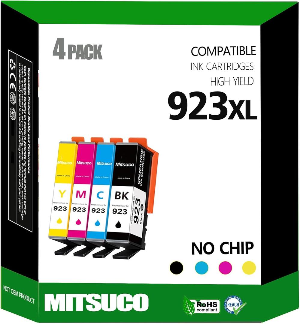 (No Chip) 923 Ink Cartridges Replacement for HP 8135e Ink/HP Office Jet pro 8130e Ink cartridges 8138e 8139e OfficeJet 8120 8122e 8123 Printers Without Chip (Black/Cyan/Yellow/Magenta)