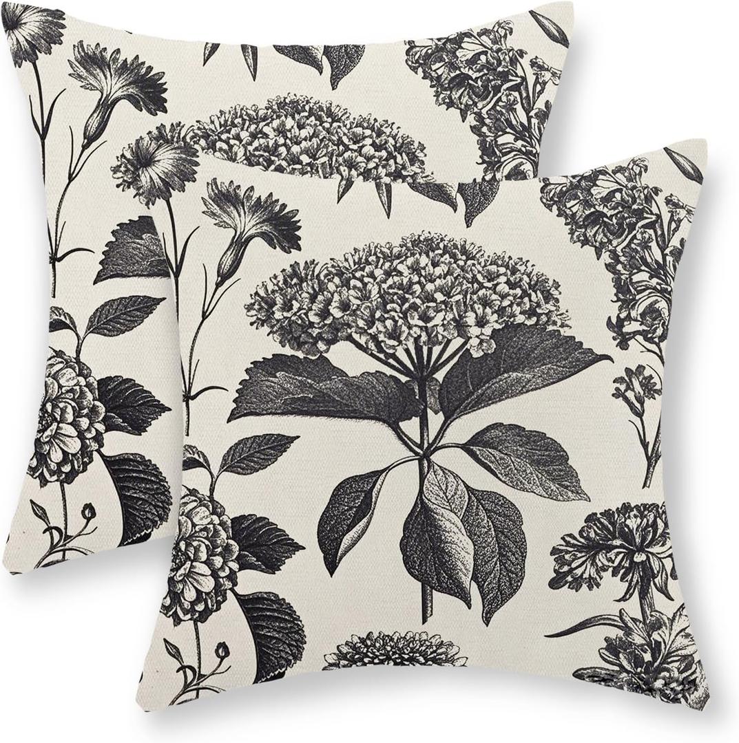 Black Pillow Covers 20x20 Set of 2 Vintage Boho Floral Hydrangea Herbs Botanical Throw Pillow Cover Outdoor Flower Decoration Pillowcase Linen Farmhouse Cushion Case Decorative for Couch Sofa