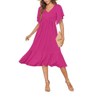 AUSELILY Women's Summer Empire Waist Dress Smocked Flutter Short Sleeve V Neck Midi Dresses 2026 New (XL)