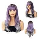 24-Inch Purple Grey Ombre Wavy Synthetic Wig with Bangs - Heat Resistant, Natural Look, Dark to Light Gradient, Daily Use & Party Hair for Women