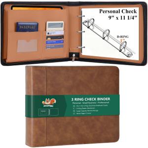Zipper 3 Ring Personal Check Binder for 3-on-a-Page End-Stub Deskbook, Fits 3 & 9-Hole Personal Checks, PU Leather Checkbook Cover Built-in Storage Organizer, 600 Checks Capacity, Brown